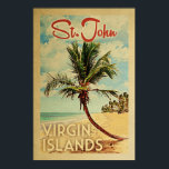 St John Handflatan Träd Vintage resor Poster<br><div class="desc">Ett unikt gammalmodigt modernt konstverk i mitten av århundradet i vintage resor poster stil. Den har en böjd handflatan träd på sandstranden med hav under ett blått grumligt himlar.</div>