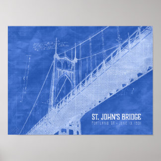 St. John's Bridge Architectural Blueprint Art Poster