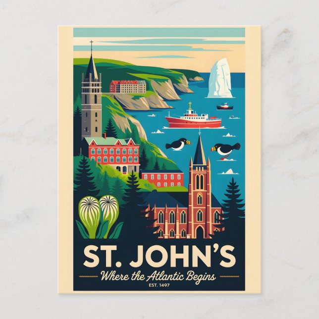 St. John's Kanada Retro Resemålning Poster Konst Vykort (Framsida)