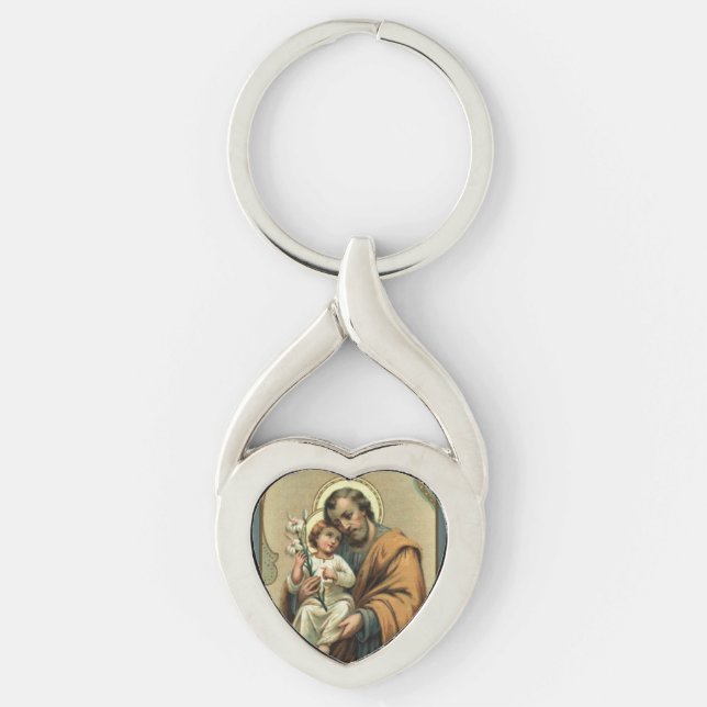 St. Joseph Baby Jesus Lily Twisted Heart Silverfärgad Nyckelring (Framsidan)
