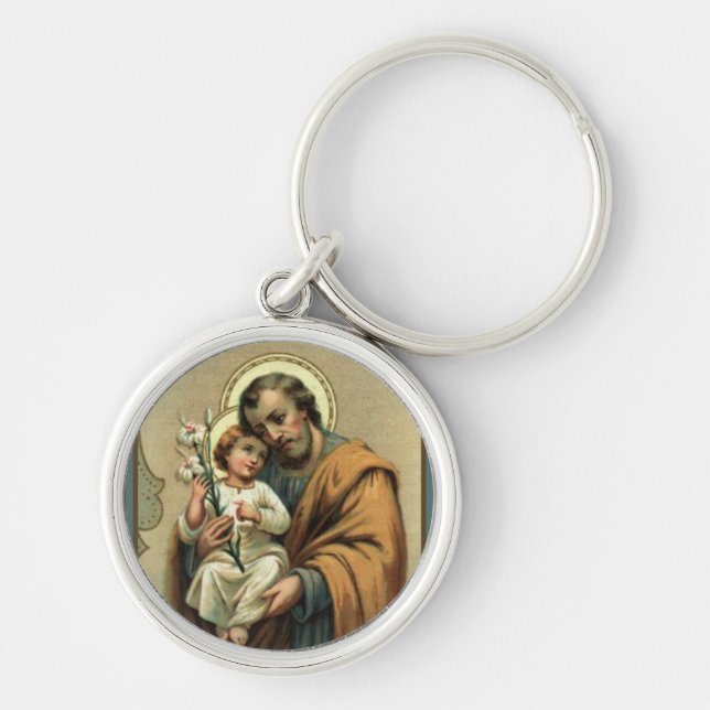 St Joseph babyJesus lilja Rund Silverfärgad Nyckelring (Framsidan)