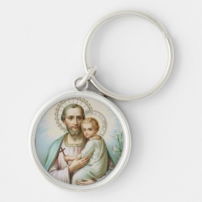 St. Joseph & Child Jesus Lily Kor Rund Silverfärgad Nyckelring (Framsidan)