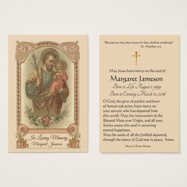 St. Joseph-katolskt begravningskort för Heliga - Visitkort (Framsida & baksida)