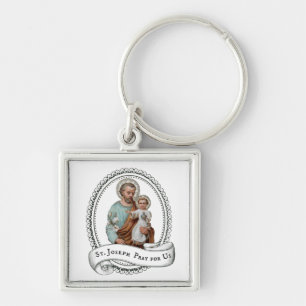 St. Joseph med Baby Jesus Religiösa Vintage Fyrkantig Silverfärgad Nyckelring