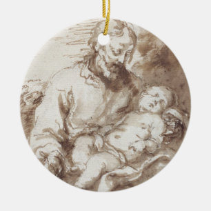 St Joseph med det sova Kristusbarnet (skriva & b Julgransprydnad Keramik