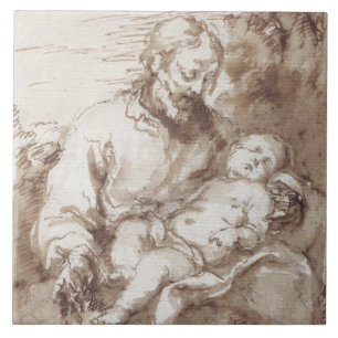 St Joseph med det sova Kristusbarnet (skriva & b Kakelplatta