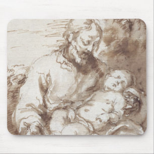 St Joseph med det sova Kristusbarnet (skriva & b Musmatta