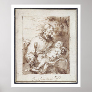 St Joseph med det sova Kristusbarnet (skriva & b Poster