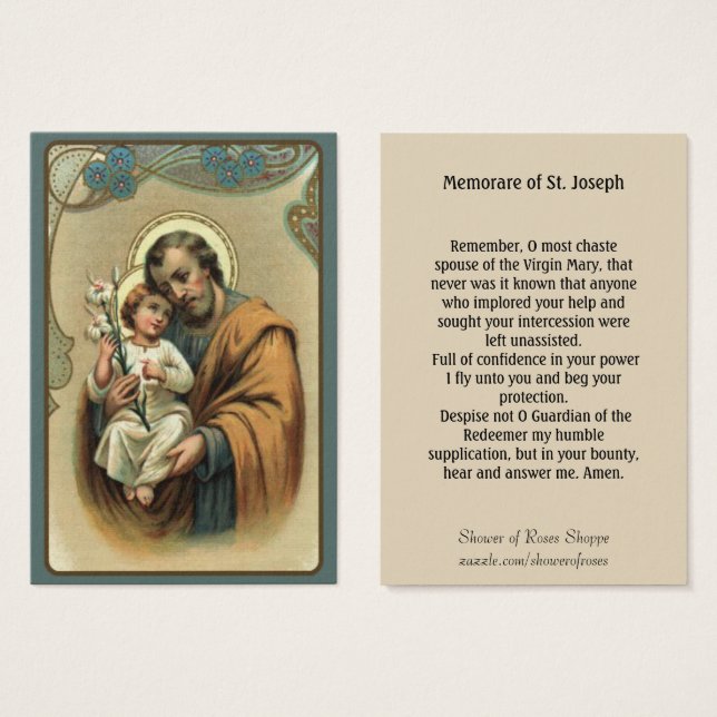 St. Joseph Memorare Heliga Card Visitkort (Framsida & baksida)