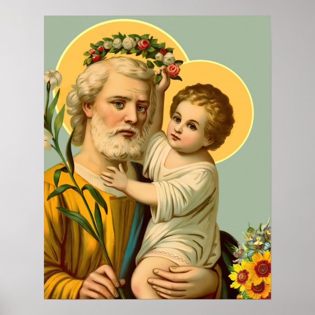 St Joseph och Child Jesus w Krona Flowers Poster (Framsidan)