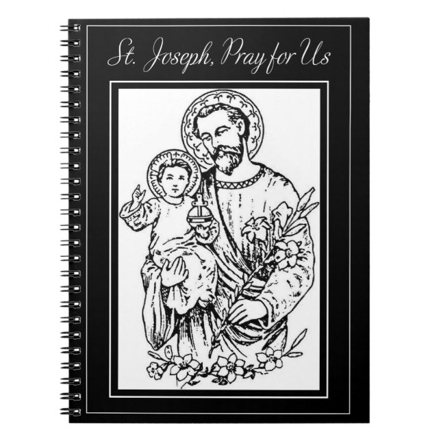 St Joseph Pray for Us Black, White, Catholisk Anteckningsbok (Framsidan)