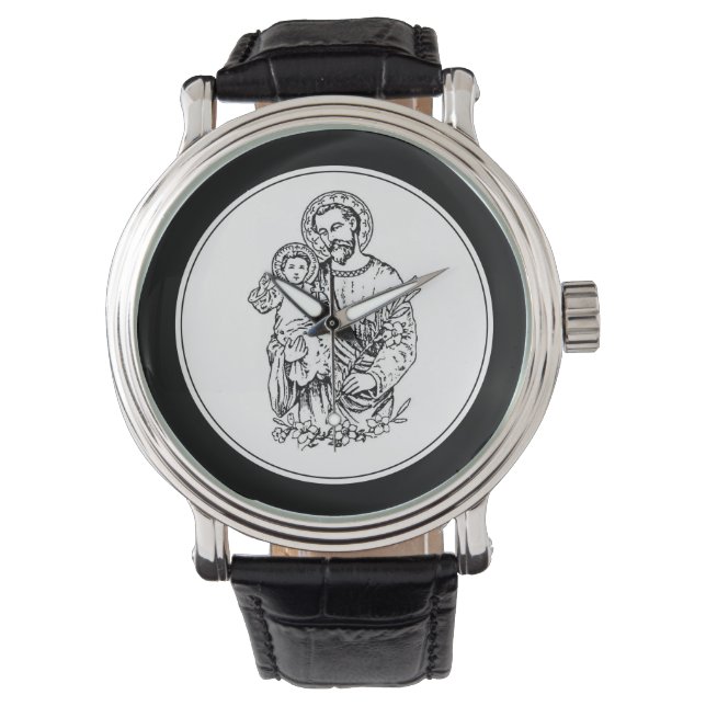 St Joseph Pray for Us Black, White, Catholisk Armbandsur (Framsida)