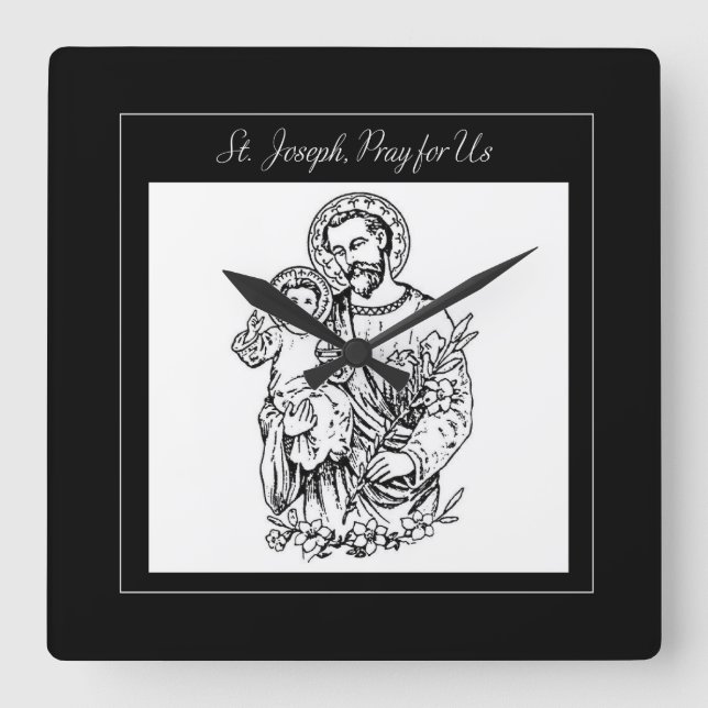 St Joseph Pray for Us Black, White, Catholisk Fyrkantig Klocka (Framsida)