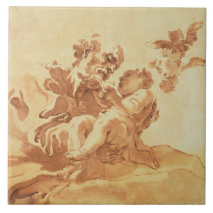 St Joseph som älskar Kristusbarnet (skriva, bläc Kakelplatta