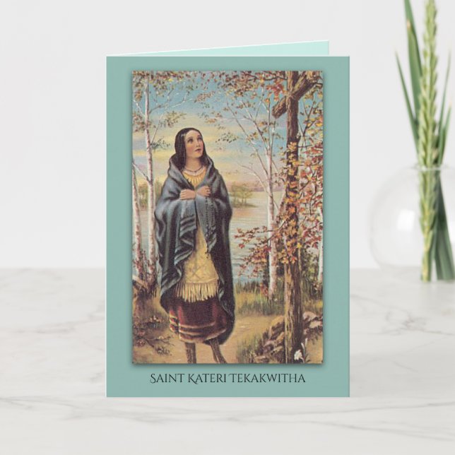St. Kateri Tekaktaa Indian med Rosary Kor Tack Kort (Framsida)