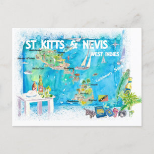 St Kitts Nevis Antilles Illustrated Karta Vykort