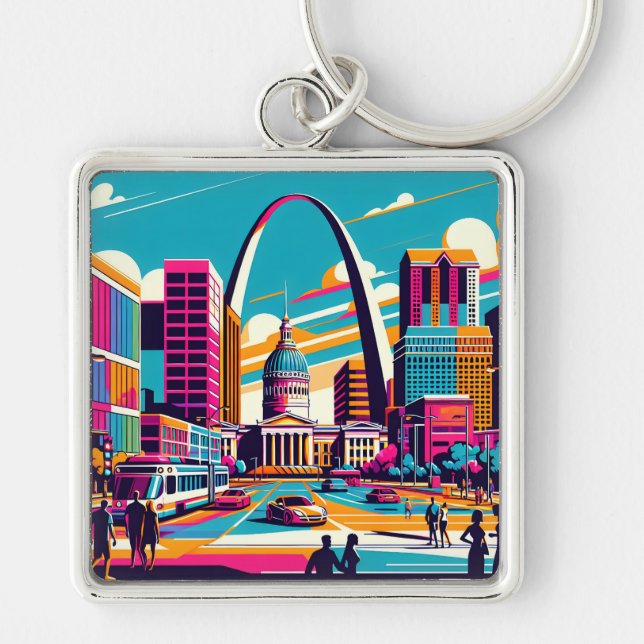 St Louis, Missouri | Gateway Arch Fyrkantig Silverfärgad Nyckelring (Framsidan)