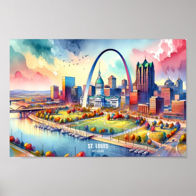 St. Louis Missouri USA Travel Ställe vattenfärg Poster (Framsidan)
