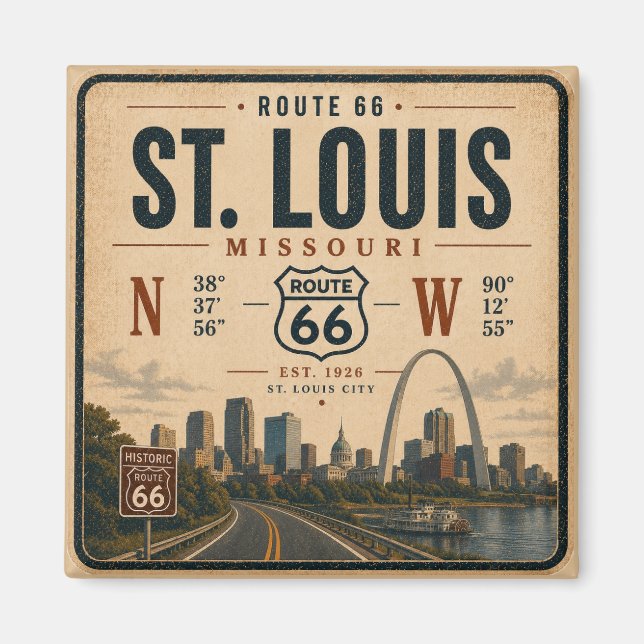 St Louis Route 66 Arch Koordinater Souvenir Magnet (Framsidan)