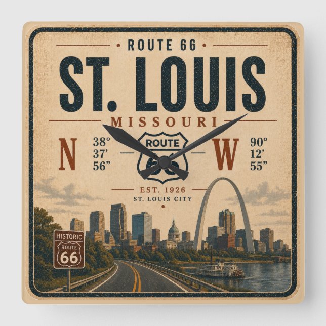 St Louis Route 66 Båge Koordinater Tid Fyrkantig Klocka (Framsida)