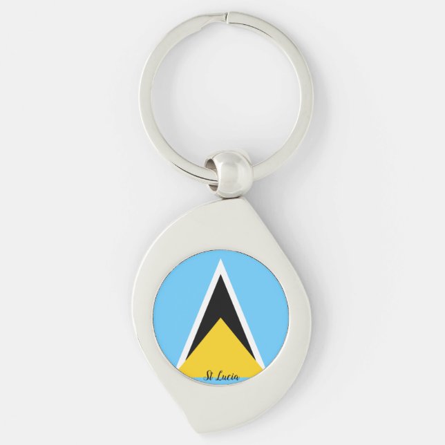 St Lucia Flagga Keychain Swirl Silverfärgad Nyckelring (Framsidan)