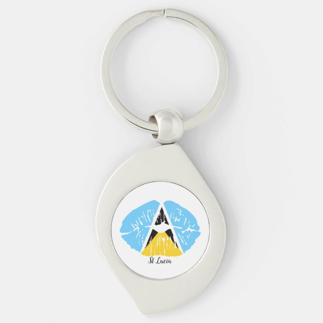 St Lucia Flagga läppar Swirl Silverfärgad Nyckelring (Framsidan)