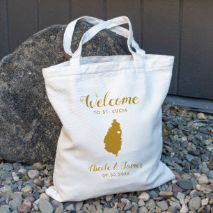 St. Lucia Karta Bröllop Welcome Tote Bag, Guld Tygkasse