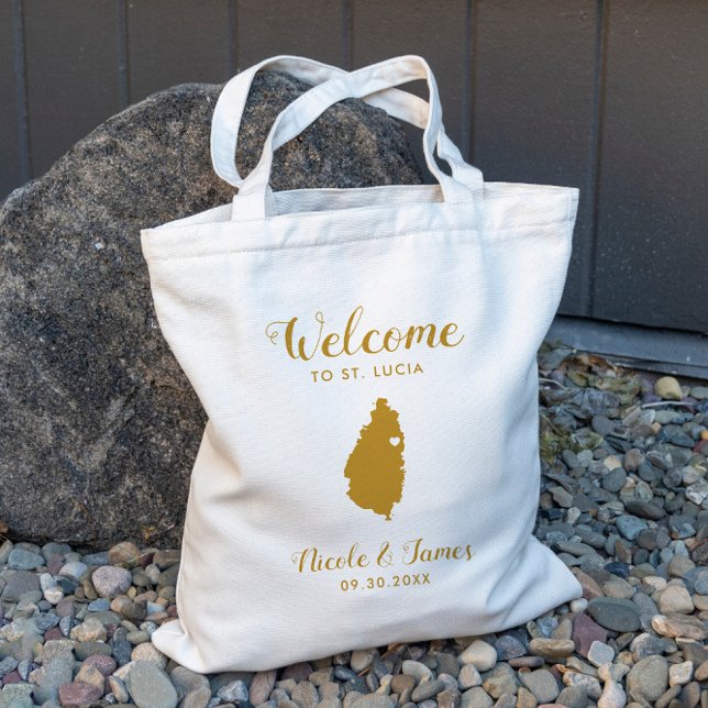 St. Lucia Karta Bröllop Welcome Tote Bag, Guld Tygkasse (Skapare uppladdad)