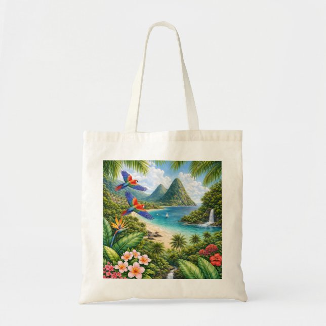 St. Lucia Pitons Tropisk Strand och Papegojor Tygkasse (Framsidan)