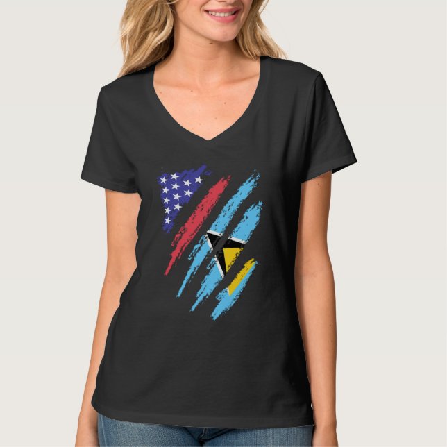 St Lucian American Patriot Grown Heart Flag Stripe T Shirt (Framsida)