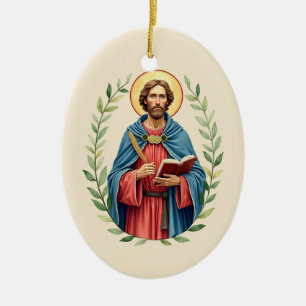 St Lukas Guds Fred och Välgång med Skriftställe Julgransprydnad Keramik