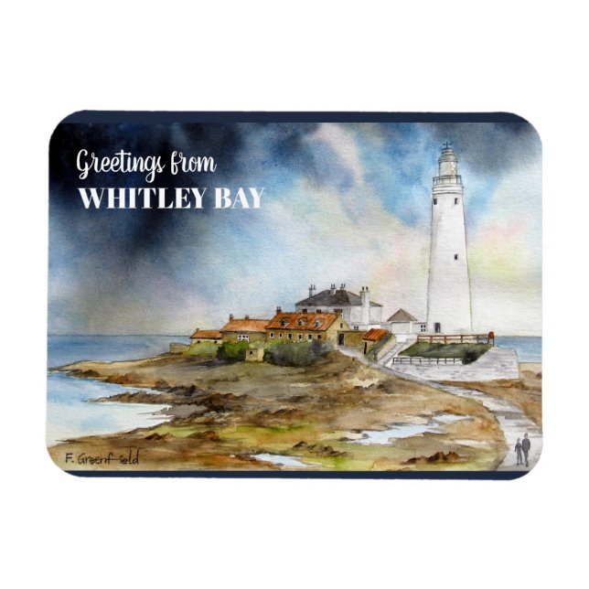 St Mary Lighthouse i Whitley Bay Watercolor Magnet (Horisontell)
