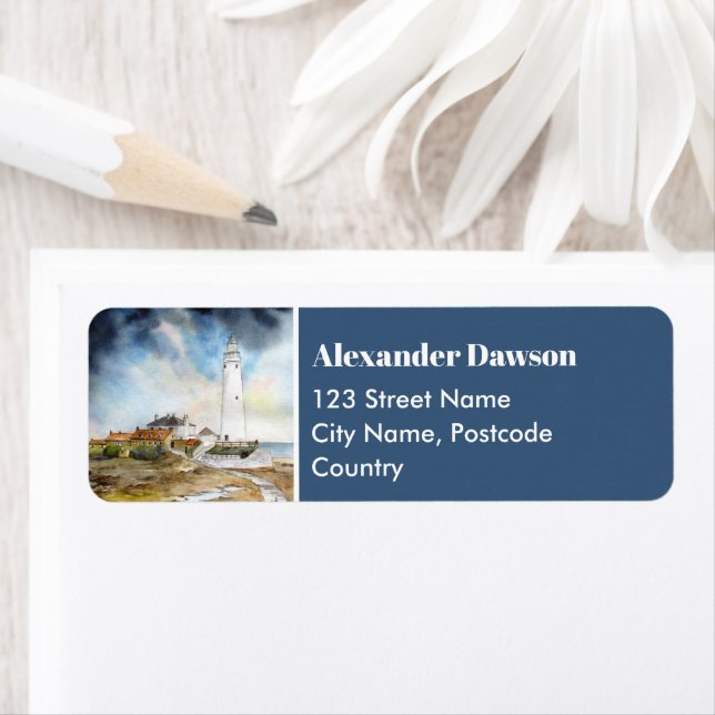 St Mary Lighthouse Whitley Bay Newcastle on Tyne Returadress Etikett (Insitu)