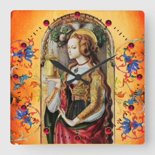 ST MARY MAGDALENE Orange Blue Blommigt Swirls Fyrkantig Klocka