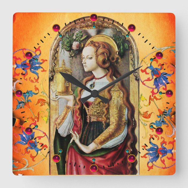 ST MARY MAGDALENE Orange Blue Blommigt Swirls Fyrkantig Klocka (Framsida)