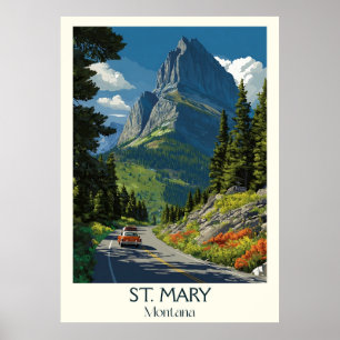 St. Mary Montana Vintage Glacier Sjö Road Art Poster