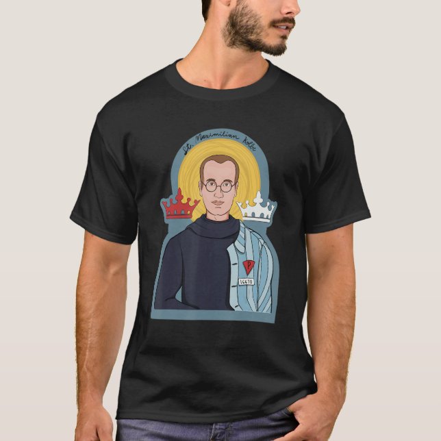 St Maximilian Kolbe Two Krona-katolska Saint Po T Shirt (Framsida)