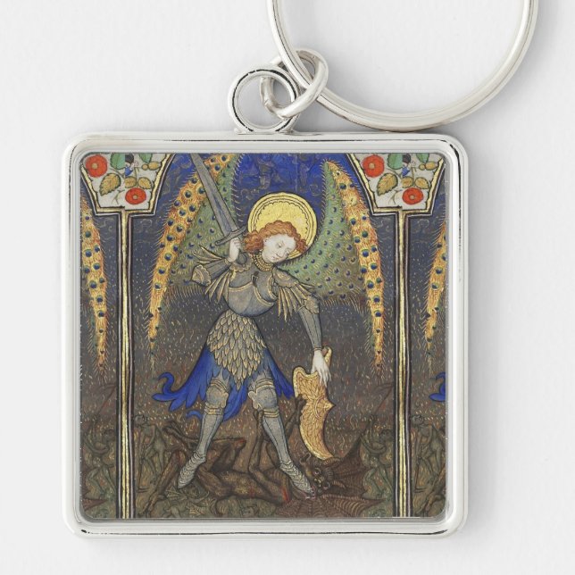 St. Michael Archangel med Djävulen Fyrkantig Silverfärgad Nyckelring (Framsidan)