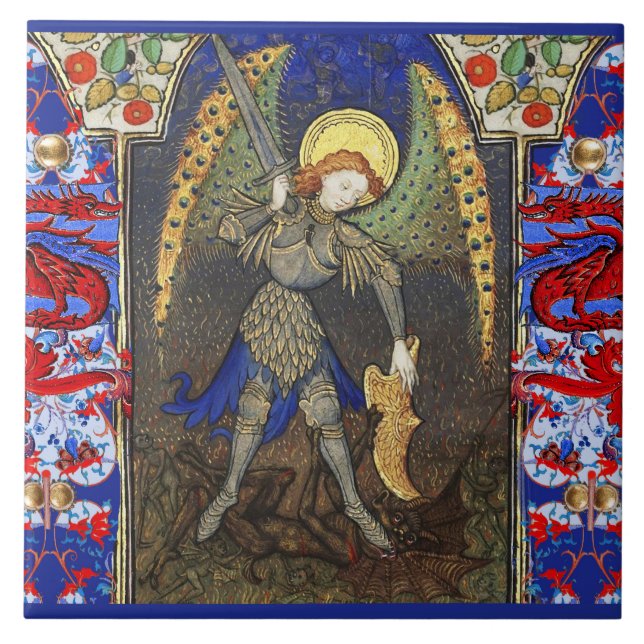 St. Michael Archangel med Djävulen, Red Dragons Kakelplatta (Framsidan)