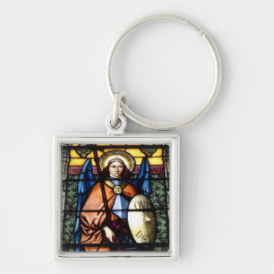 St Michael ärkeängelmålat glassfönstret Fyrkantig Silverfärgad Nyckelring