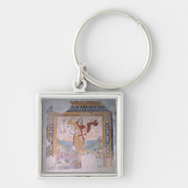 St Michael (fresco) Fyrkantig Silverfärgad Nyckelring (Framsidan)