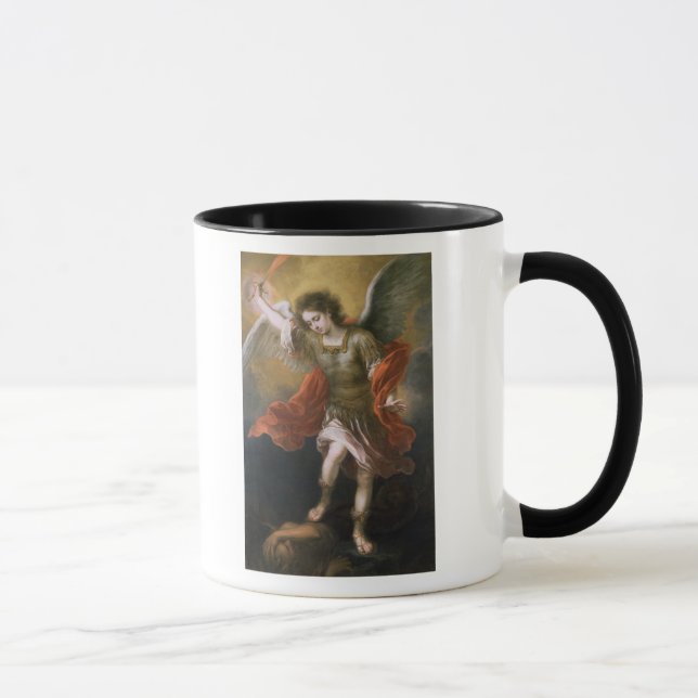 St Michael landsförvisar djävulen till avgrunden Mugg (Höger)
