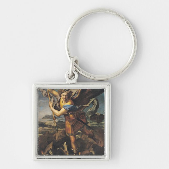 St Michael som förkrossar demonen, 1518 Fyrkantig Silverfärgad Nyckelring (Framsidan)
