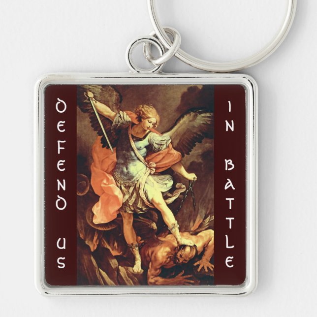 St. Michael the Archangel Fyrkantig Silverfärgad Nyckelring (Framsidan)