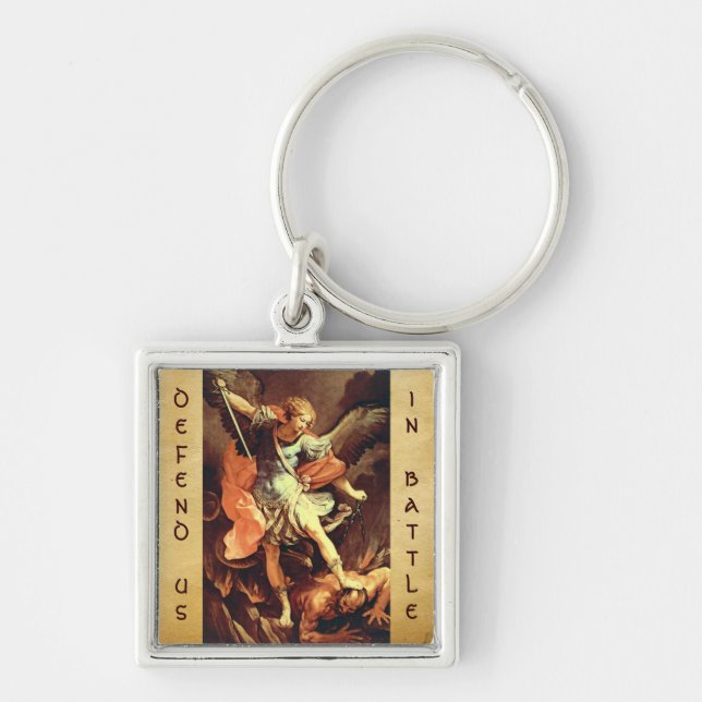 St. Michael the Archangel Fyrkantig Silverfärgad Nyckelring (Framsidan)