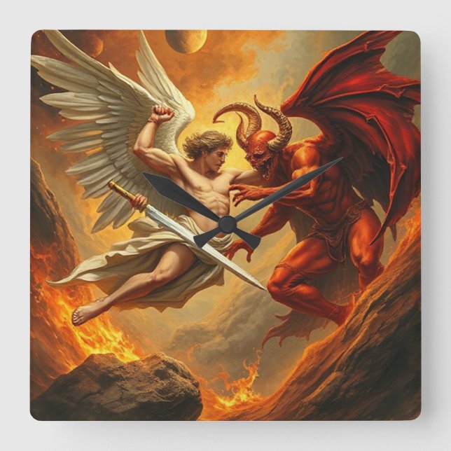 St Michael the Archangel Slays the Djävulen Clock Fyrkantig Klocka (Framsida)
