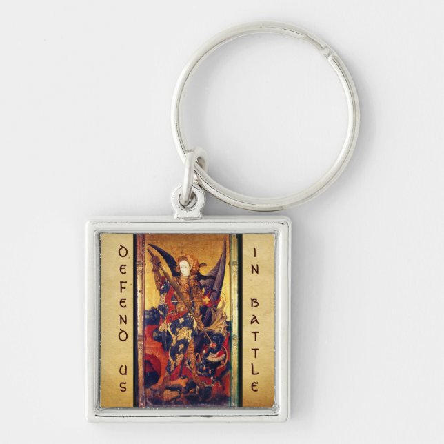 St Michael Vanquishing Djävulen som Medieval Knigh Fyrkantig Silverfärgad Nyckelring (Framsidan)