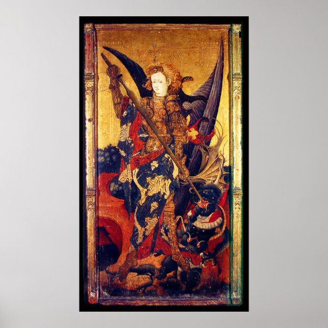 St Michael Vanquishing Djävulen som Medieval Knigh Poster (Framsidan)