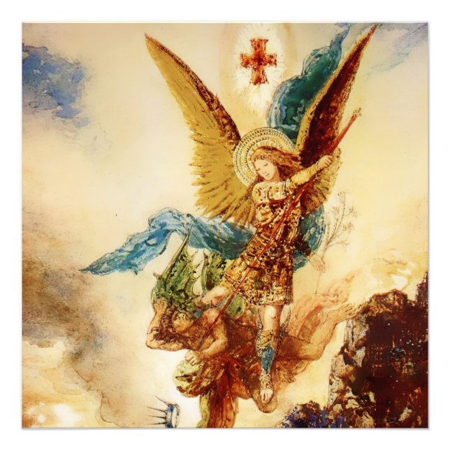 ’St Micheal Vanquishing Satan’ av Gustave Moreau Fototryck (Framsidan)