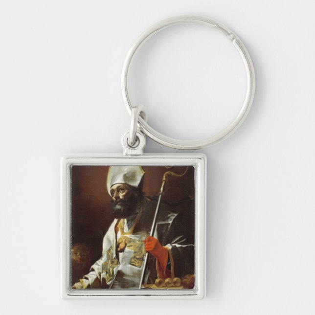 St Nicholas av Bari Fyrkantig Silverfärgad Nyckelring (Framsidan)